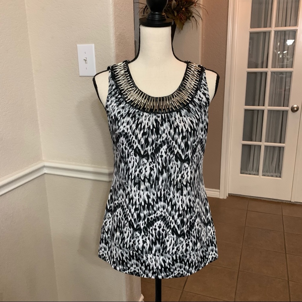 Sioni black and gray embellished neck line blouse top Size S
